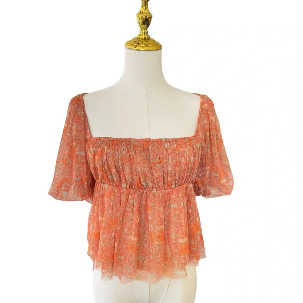 NWT Free People Babydoll Penelope Blouse Women S Peach Floral Short Sleeves Crop